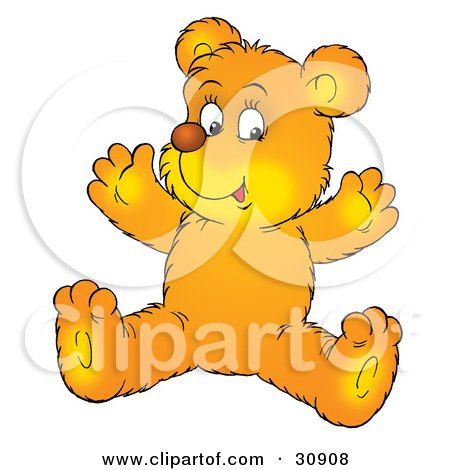 Clipart Illustration of a Happy Yellow Bear Cub Sitting On The Floor And Holding His Arms Up by Alex Bannykh