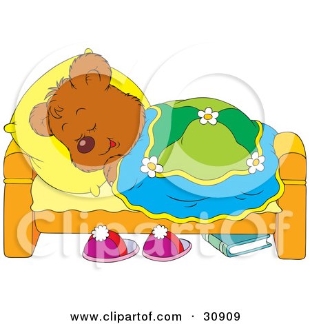 Clipart Illustration of a Bear Cub Laying In Bed And Sleeping With His Head On A Pillow by Alex Bannykh