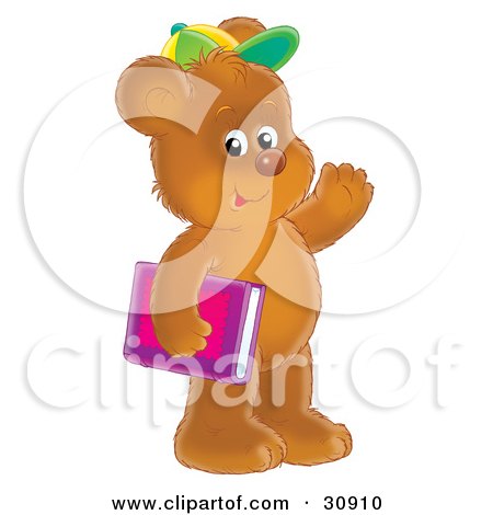 Clipart Illustration of a Friendly Brown Bear Cub Student Wearing A Green And Yellow Hat, Carrying A Pink And Purple School Book And Waving by Alex Bannykh