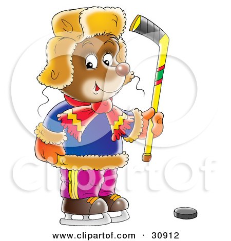Clipart Illustration of a Bear Cub Holding A Stick And Standing Near A Puck While Playing Ice Hockey by Alex Bannykh