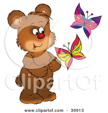 Clipart Illustration of a Happy Bear Cub Watching Two Colorful Butterflies by Alex Bannykh