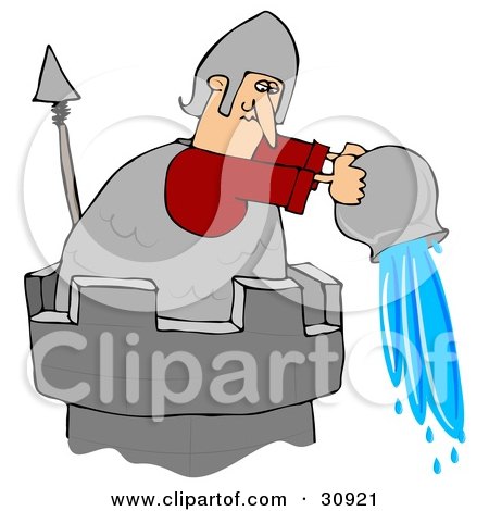 Clipart Illustration of a Soldier Atop A Tower, Pouring A Pail Of Water Down Onto An Intruder by djart