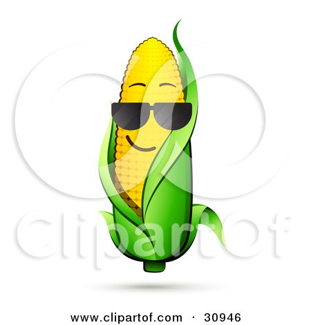Clipart Illustration of a Cool Corn On The Cob Character With A Green Husk, Wearing Shades by beboy