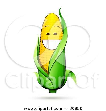Clipart Illustration of a Grinning Corn On The Cob Character With A Green Husk by beboy