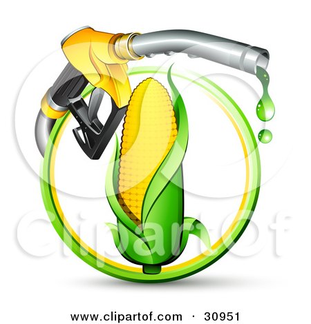 Clipart Illustration of a Yellow Gas Nozzle Dripping Over An Ear Of Corn In A Green And Yellow Circle by beboy
