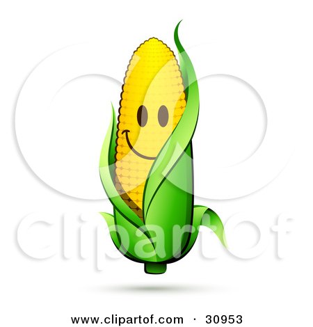 Clipart Illustration of a Smiling Corn On The Cob Character With A Green Husk by beboy