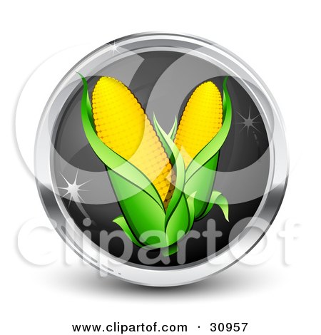 Clipart Illustration of a Black And Chrome Internet Button With Two Ears Of Corn by beboy