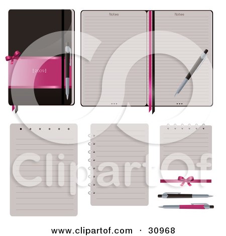 Clipart Illustration of a Set Of Spiral Notebook Pages, Pens And A Brown And Pink Journal. License The Vector File For Optimal Results by Melisende Vector