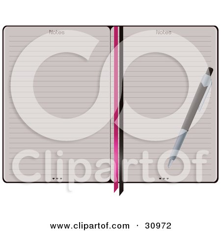Clipart Illustration of a Pen Resting On Top Of Blank Lined Pages Of An Open Notebook With Pink And Black Ribbons by Melisende Vector