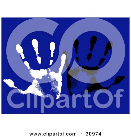 Clipart Illustration of White And Black Hand Prints On A Blue Background by elaineitalia