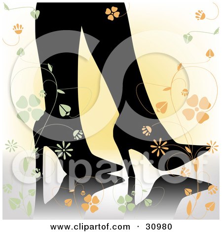 Clipart Illustration of a Woman's Silhouetted Feet In Stiletto Heels, On A Reflective Surface With A Gradient Yellow Background And Green And Orange Flowers by elaineitalia