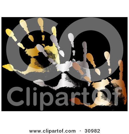 Clipart Illustration of Gold, Silver And Bronze Hand Prints On A Black Background  by elaineitalia