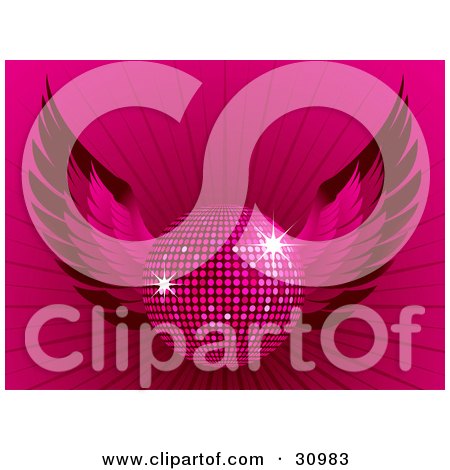 Clipart Illustration of a Sparkling Winged Pink Disco Ball Over A Bursting Pink Background by elaineitalia