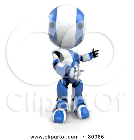 Clipart Illustration of a Blue AO-Maru Robot Standing With His Arms Out To The Right And Looking Forward At The Viewer by Leo Blanchette