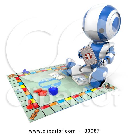 Clipart Illustration of a Blue AO-Maru Robot Sitting On The Floor And Reading A Card To A Board Game by Leo Blanchette