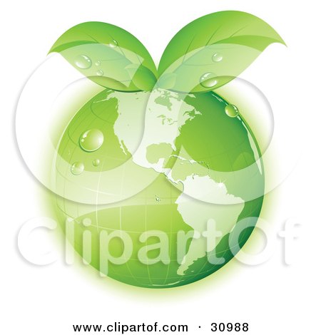 Clipart Illustration of Dew On A Green Grid Globe With Green Leaves Sprouting From The Top by beboy