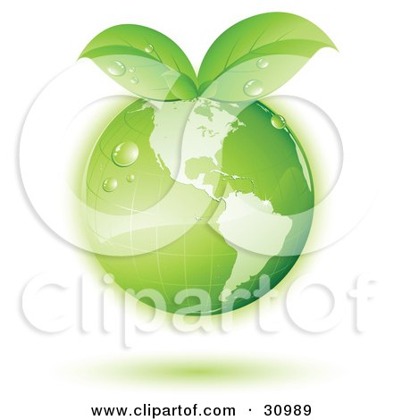 Clipart Illustration of a Green Globe With Green Leaves Sprouting From The Tops With A Green Shadow by beboy