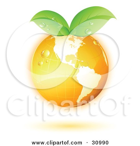 Clipart Illustration of an Orange Globe With Green Leaves Sprouting From The Tops With An Orange Shadow by beboy