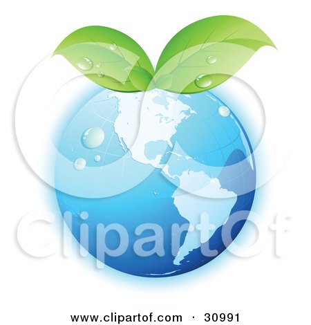 Clipart Illustration of Dew On A Blue Grid Globe With Green Leaves Sprouting From The Top by beboy