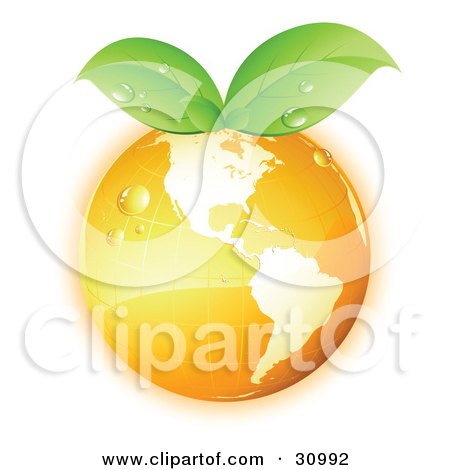 Clipart Illustration of Dew On An Orange Grid Globe With Green Leaves Sprouting From The Top by beboy
