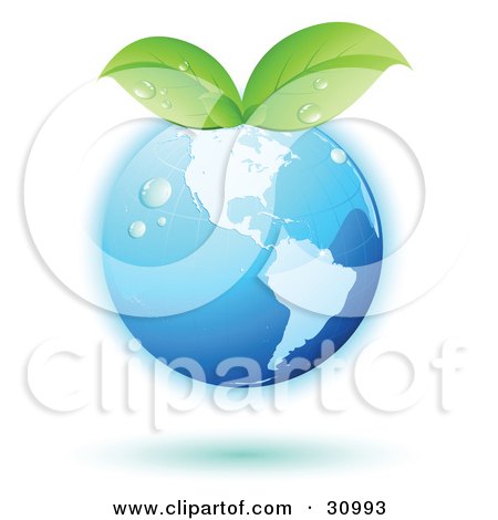 Clipart Illustration of a Blue Globe With Green Leaves Sprouting From The Tops With A Blue Shadow by beboy
