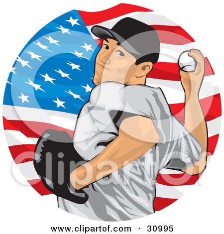 Clipart Illustration of an Athletic Male Baseball Pitcher Pitching A Ball In Front Of An American Flag by David Rey
