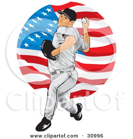 Clipart Illustration of an Athletic Male Baseball Pitcher Over A Background Of The American Flag by David Rey