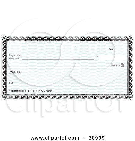 Clipart Illustration of a Blank Bank Cheque With Blue Waves And A Black Border by David Rey
