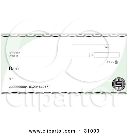 Clipart Illustration of a Blank Bank Check With Green Corners And A Dollar Symbol by David Rey