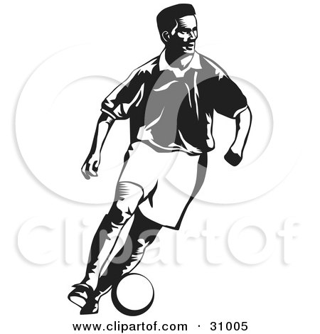Clipart Illustration of a Black And White Soccer Player Running And Kicking A Ball by David Rey