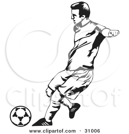 Clipart Illustration of a Black And White Male Soccer Player Kicking A Ball by David Rey