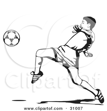 Clipart Illustration of a Soccer Player Lifting His Leg To Kick A Ball, Black And White by David Rey