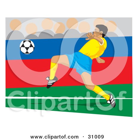 Clipart Illustration of a Soccer Player Kicking A Ball During A Game by David Rey