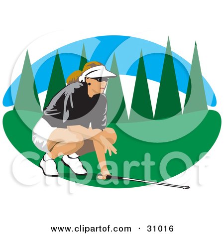 Clipart Illustration of a Caucasian Lady In A Visor Hat, Crouching While Aiming And Golfing by David Rey