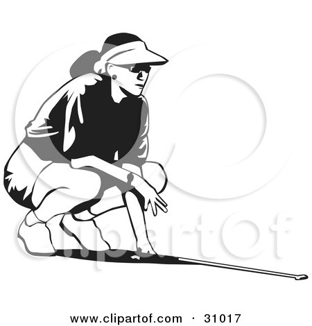 Clipart Illustration of a Black And White Woman Wearing A Visor Hat, Crouching And Aiming While Golfing by David Rey