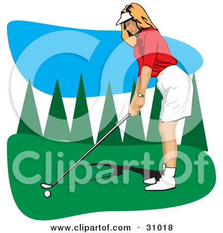 Clipart Illustration of a Caucasian Lady In A Visor Hat, Preparing To Swing Her Golf Club by David Rey