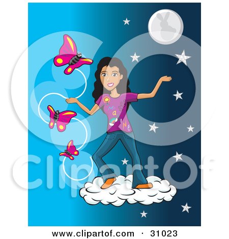 Clipart Illustration of a Pretty Hispanic Girl Standing On A Cloud In A Starry Night Sky, With Three Pink Butterflies by David Rey
