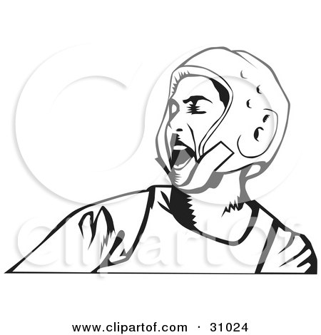 Clipart Illustration of a Black And White Man Yelling While Wearing A Karate Or Boxing Helmet by David Rey
