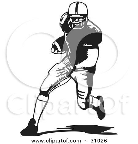 Clipart Illustration of a Football Player Running With The Ball, In Black And White by David Rey