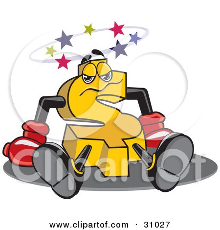 Clipart Illustration of a Yellow Dollar Symbol Character Seeing Stars After Being Knocked Out, Symbolizing A Financial Crisis Or Blow Out Clearance Prices by David Rey