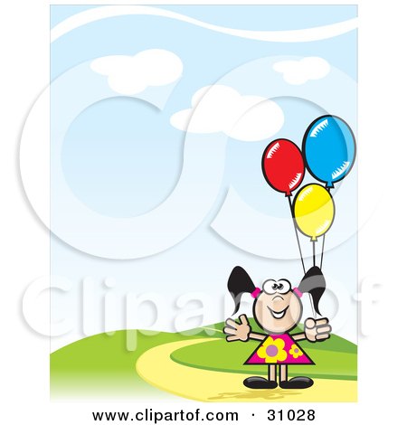 Clipart Illustration of a Happy Little Girl In A Floral Dress, Holding Colorful Balloons And Standing On A Hill by David Rey