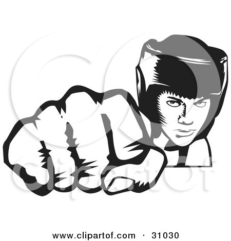 Clipart Illustration of a Tough Boxer Wearing A Helmet And Punching With Their Fist Towards The Viewer by David Rey