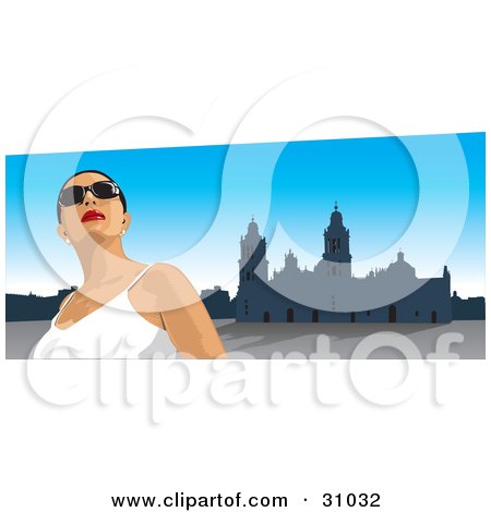 Clipart Illustration of a Female Tourist Wearing Shades, Looking Up And Standing In The Zocalo In Mexico City by David Rey
