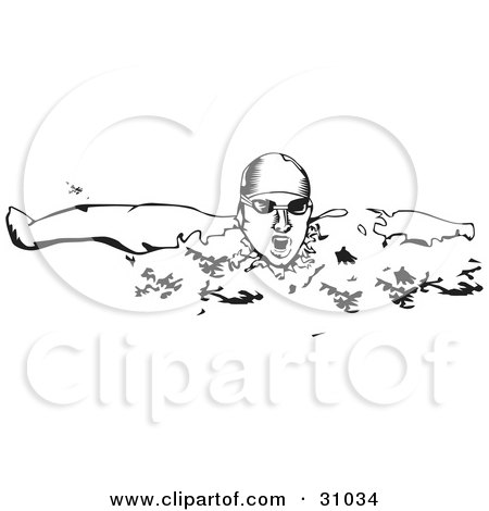 Clipart Illustration of a Man Wearing A Swim Cap And Goggles, Lifting His Head And Taking A Breath While Swimming by David Rey