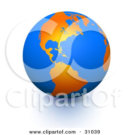 Clipart Illustration of Planet Earth With Orange Continents And Blue Seas, Over A Reflective Surface by Tonis Pan