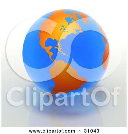 Clipart Illustration of an Orange And Blue Earth Featuring The American Continents, Over A Reflective Surface by Tonis Pan