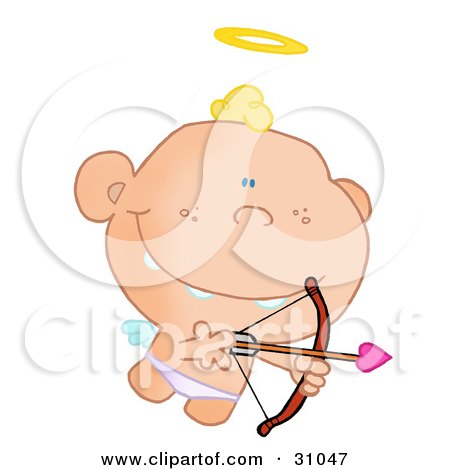 Clipart Illustration of Cupid Flying With A Halo Above His Blond Hair, Aiming An Arrow by Hit Toon