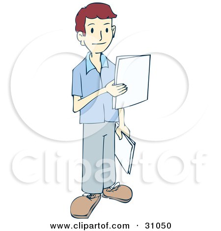Clipart Illustration of a Young Man Delivering Paperwork To Employees In An Office by PlatyPlus Art