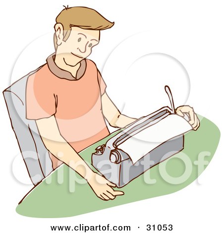Clipart Illustration of a Young Caucasian Man Reading A Letter He Is Typing On A Typewriter by PlatyPlus Art