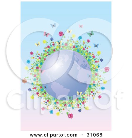 Clipart Illustration of Colorful Flowers And Butterflies Circling Blue Planet Earth On A Gradient Background by Eugene